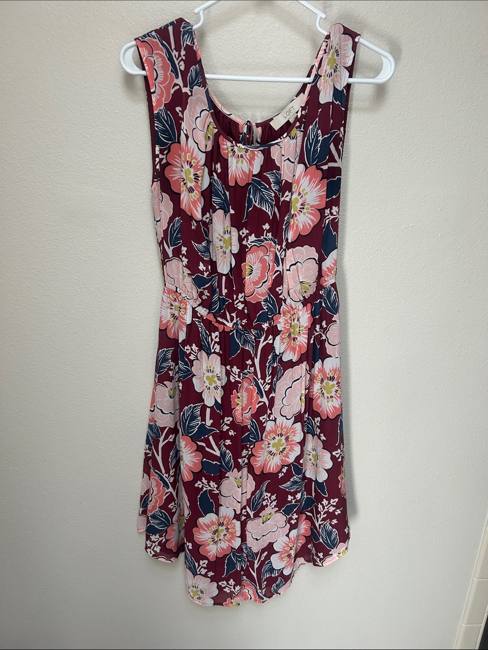 LOFT floral Dress in Burgundy and Pink with elastic high waist